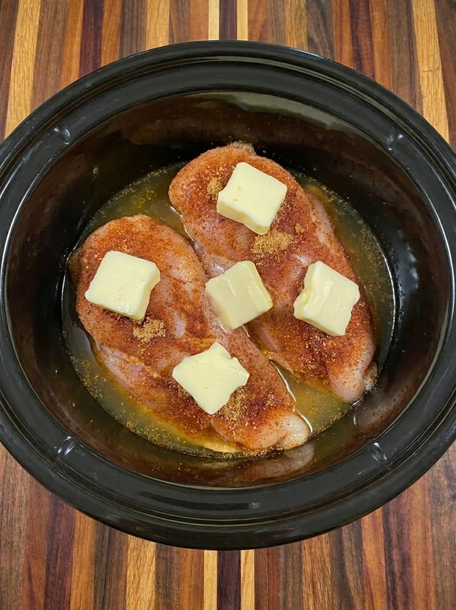 Seasoned chicken breasts layered with butter and broth in a slow cooker