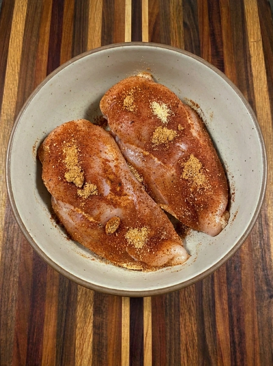 Two chicken breasts coated unevenly with Cajun seasoning