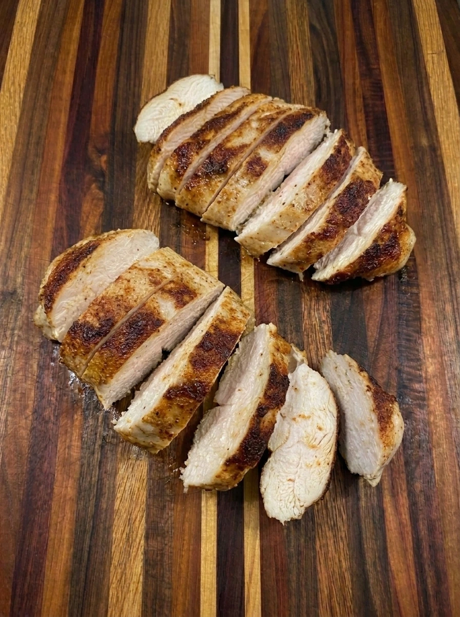 Two cooked Cajun chicken breasts sliced into uneven strips