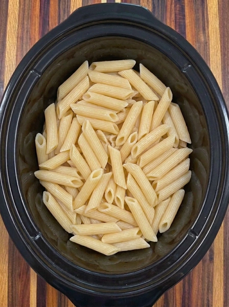 Tender cooked penne ready for CrockPot Cajun Chicken Pasta