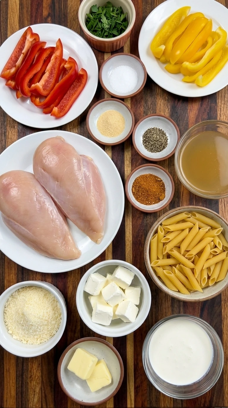 Ingredients for CrockPot Cajun Chicken Pasta arranged in separate containers