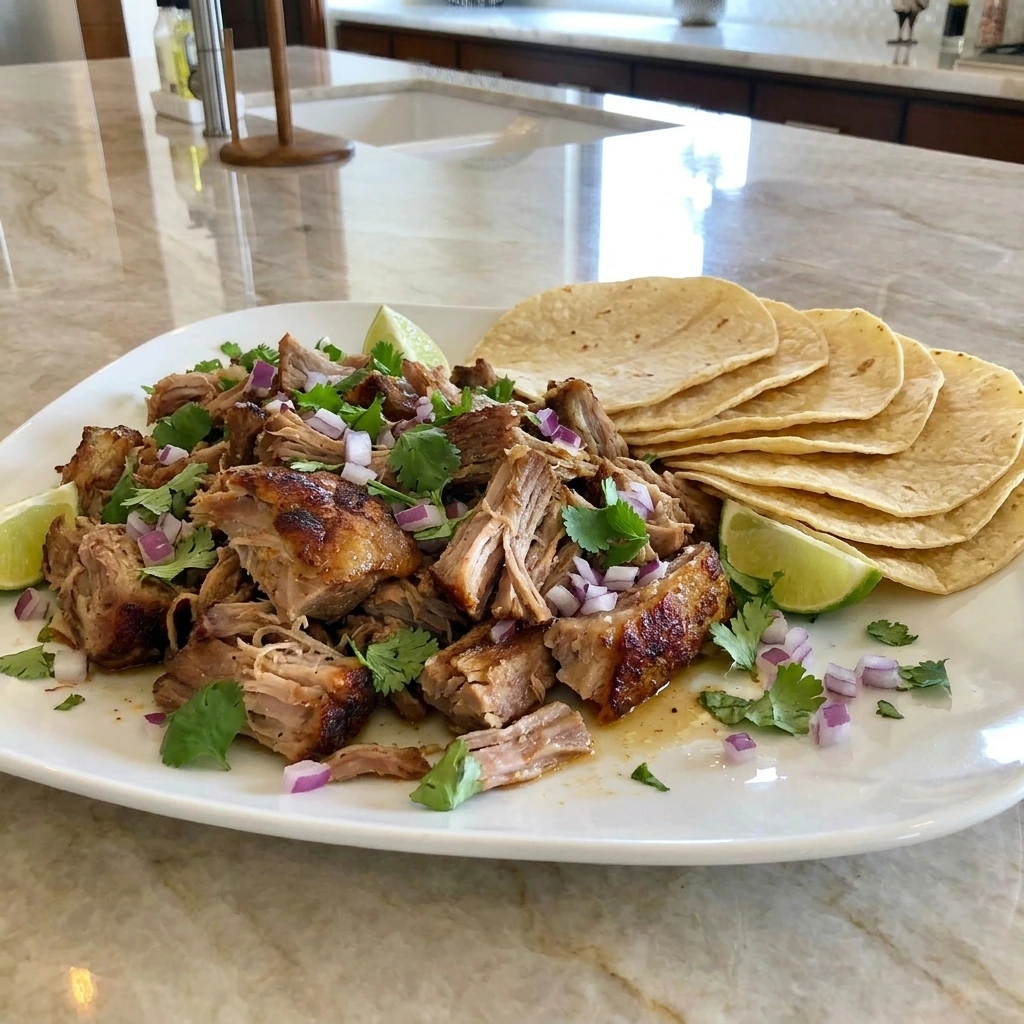 Crockpot Carnitas with crisp browned pork and tortillas