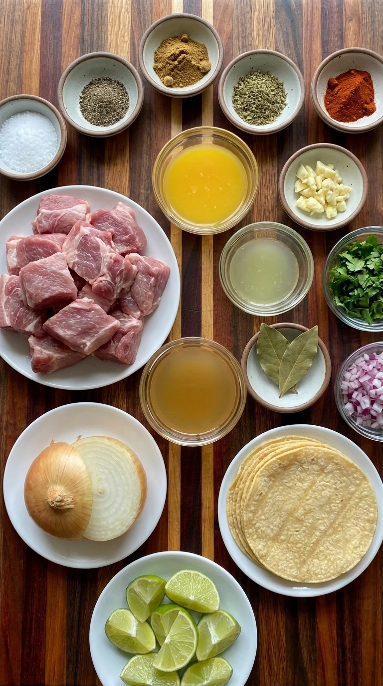 Ingredients for Crockpot Carnitas arranged in separate bowls