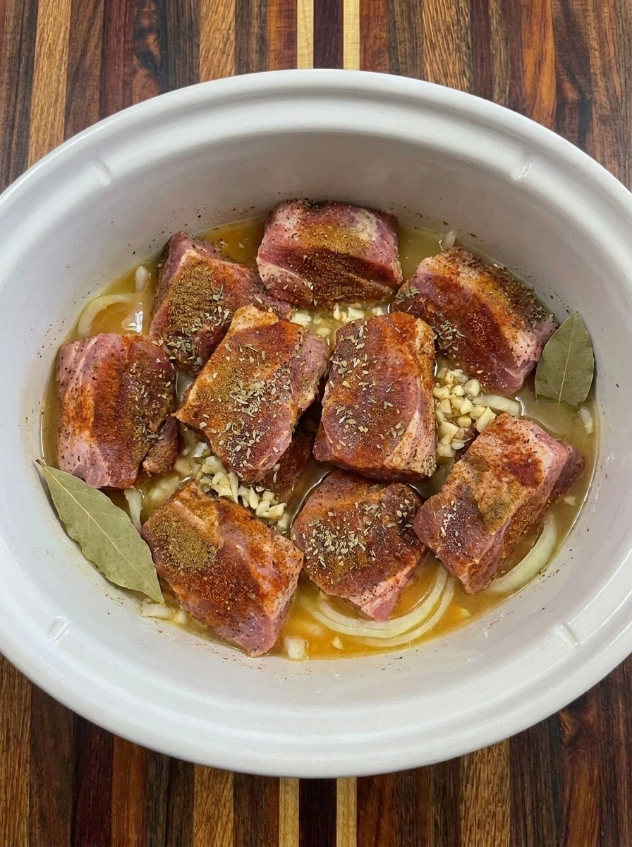 Layer the pork with onion and citrus for Crockpot Carnitas