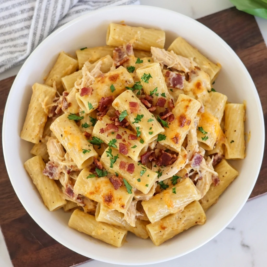 Creamy CrockPot Cheddar Bacon Chicken Rigatoni with melted cheese and bacon