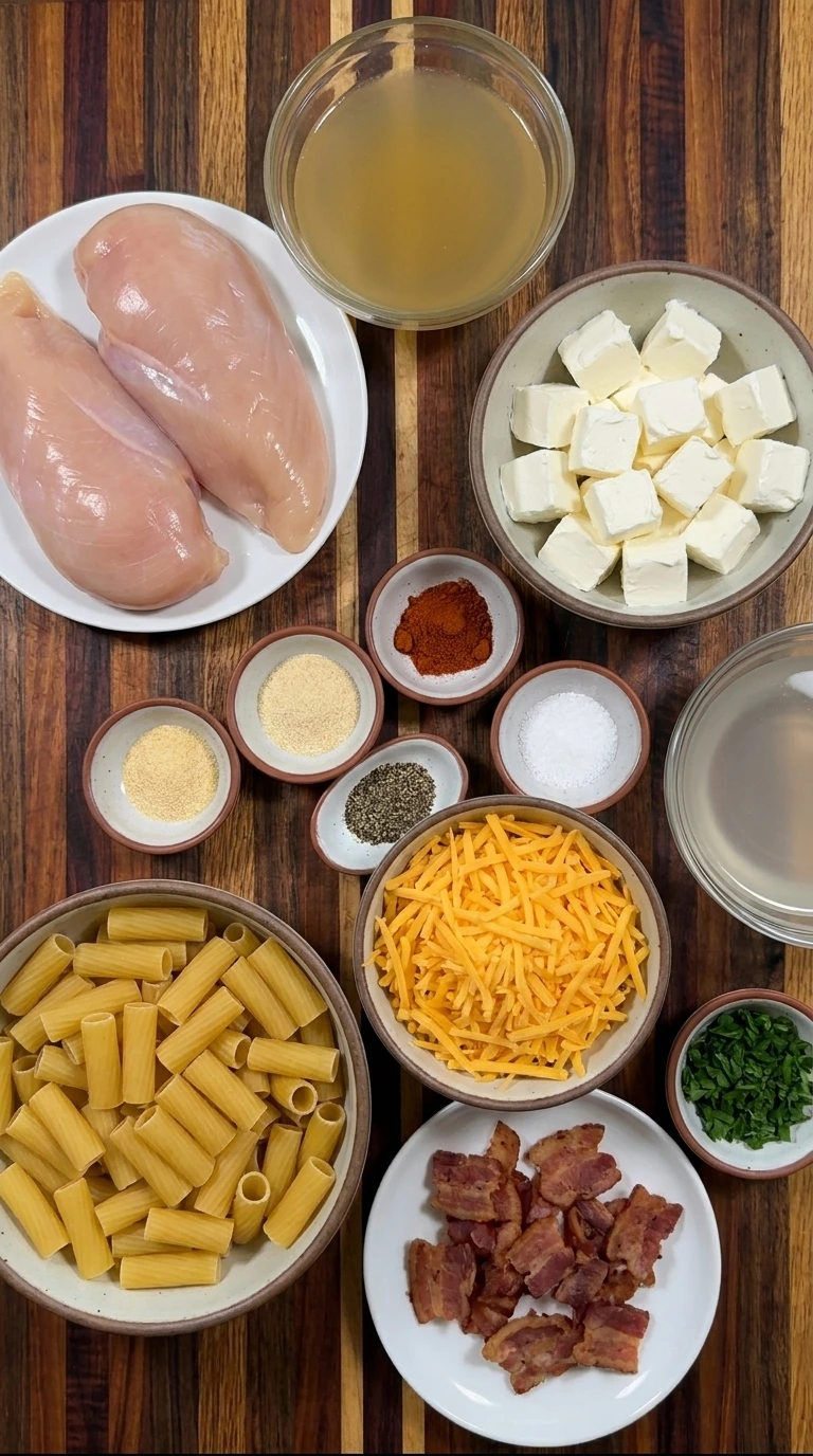 Ingredients for CrockPot Cheddar Bacon Chicken Rigatoni arranged in separate containers