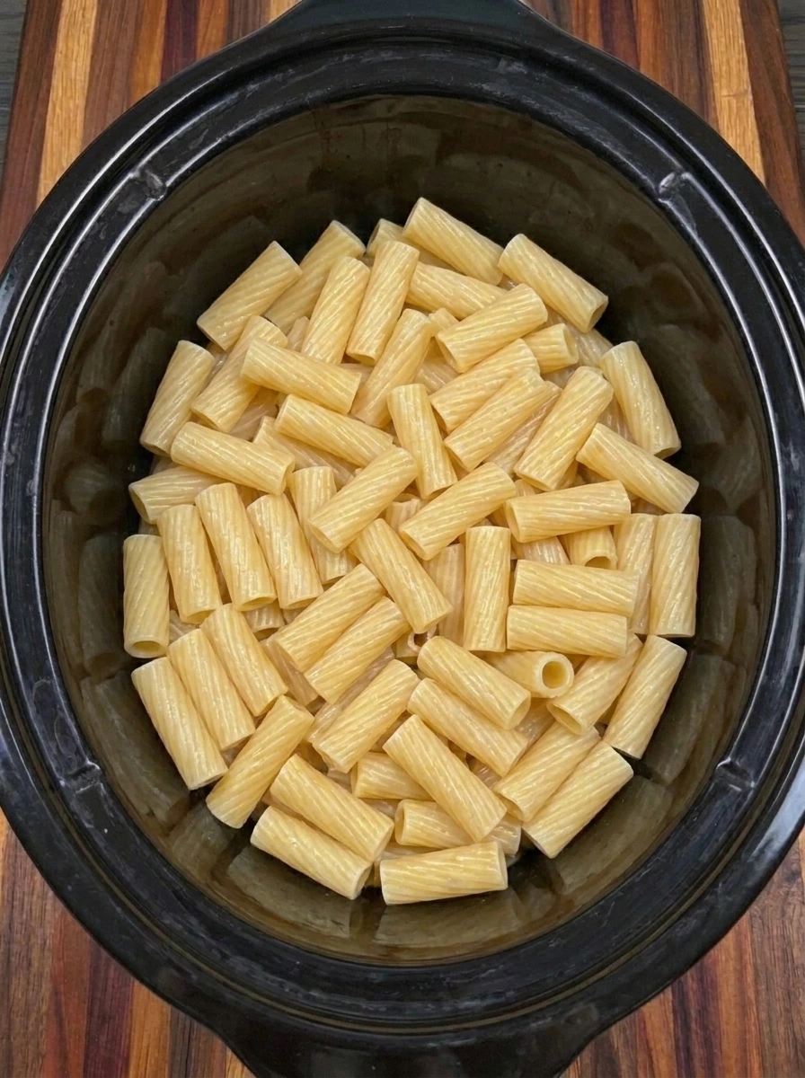 Cook the rigatoni until just tender for CrockPot Cheddar Bacon Chicken Rigatoni