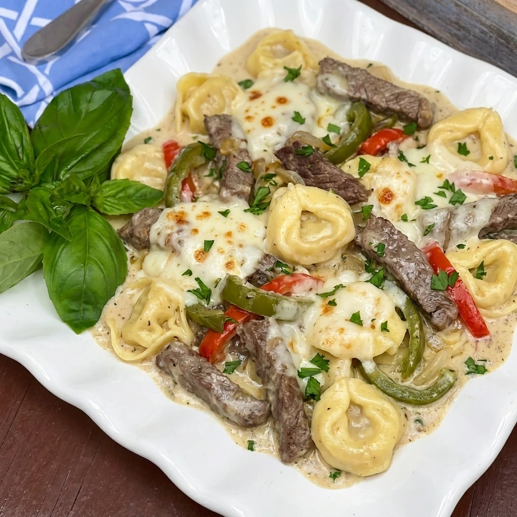 Creamy CrockPot Cheesesteak Tortellini with beef peppers and melted provolone