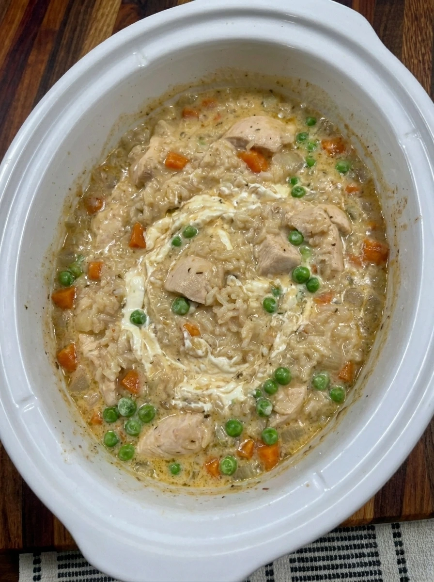 Cream cheese and peas folded into creamy Crockpot Chicken and Rice