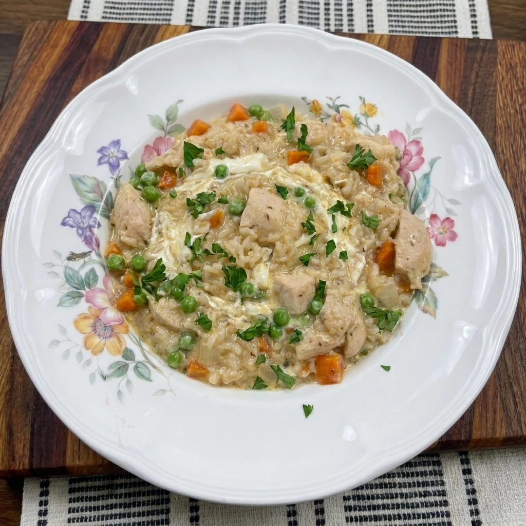 Single serving of creamy Crockpot Chicken and Rice with peas and parsley