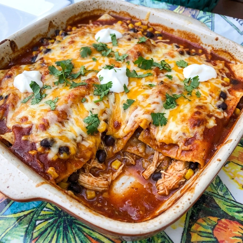 Crockpot Chicken Enchilada Casserole with shredded chicken and melted cheese