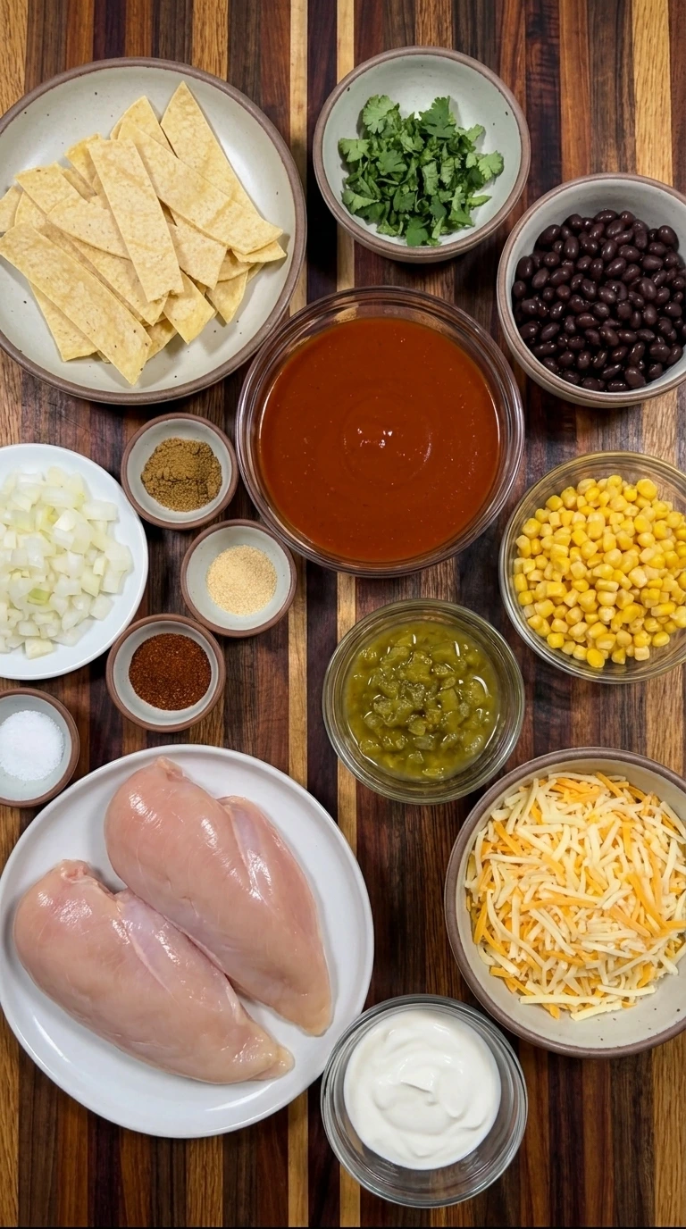 Ingredients for Crockpot Chicken Enchilada Casserole in separate bowls