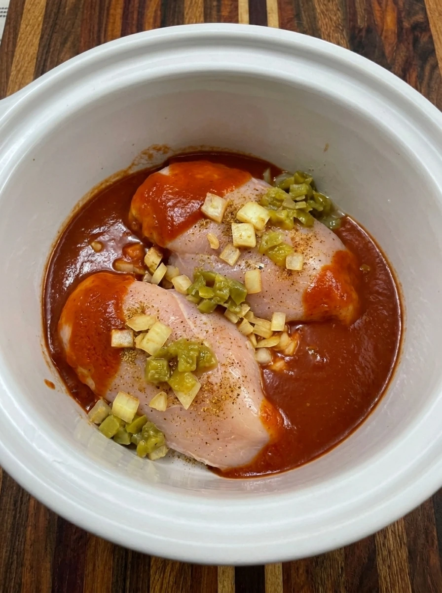 Chicken breasts coated with enchilada sauce and seasonings in crockpot