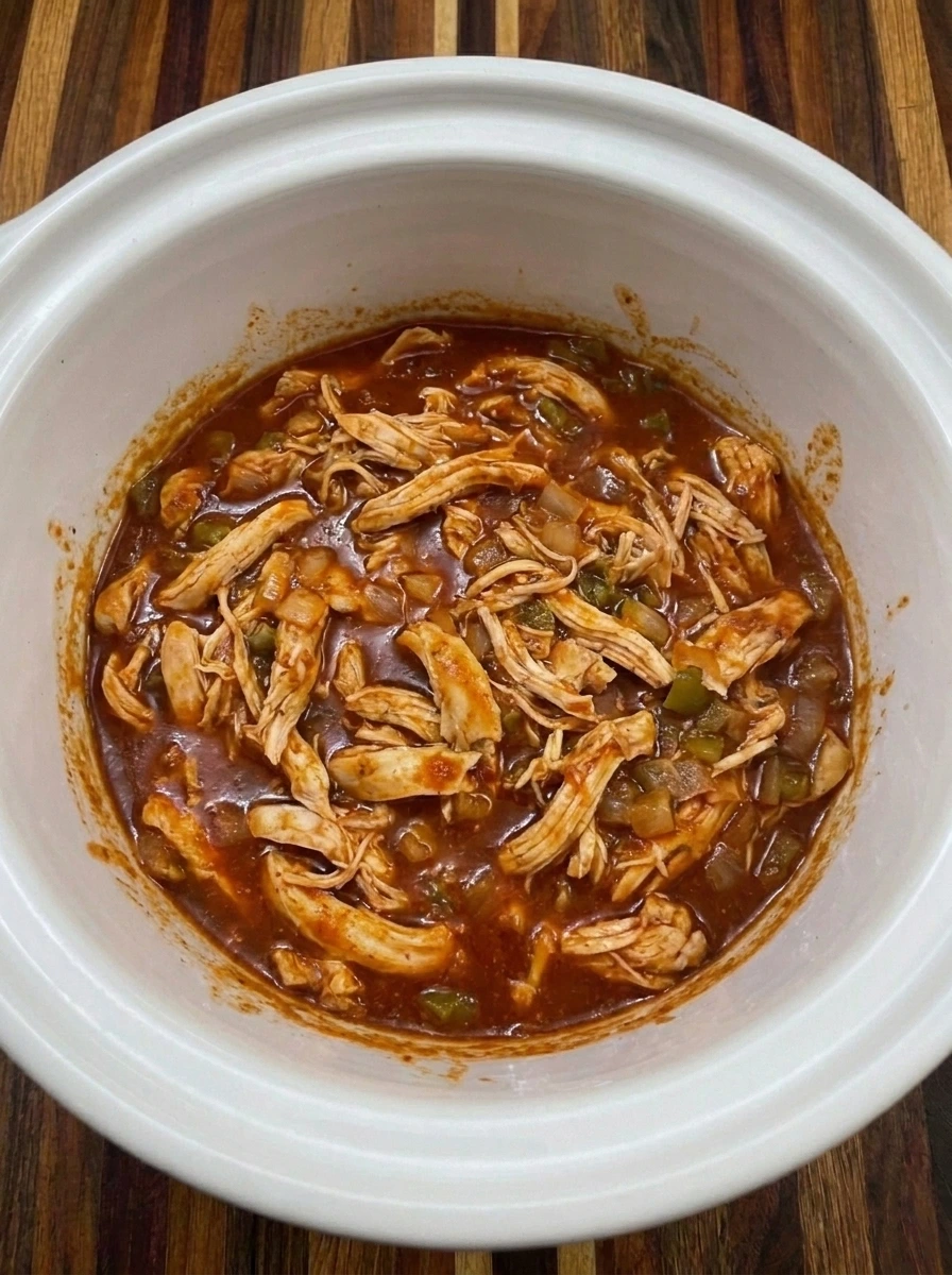 Shredded chicken mixed into thick enchilada sauce