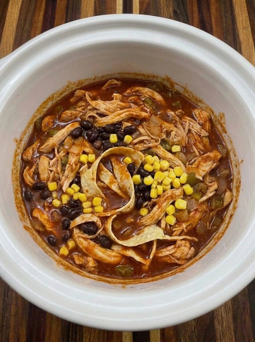 Black beans and corn and tortilla strips folded into enchilada chicken