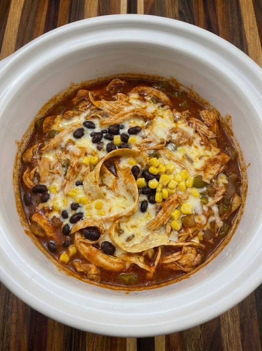 Melted cheese over finished Crockpot Chicken Enchilada Casserole