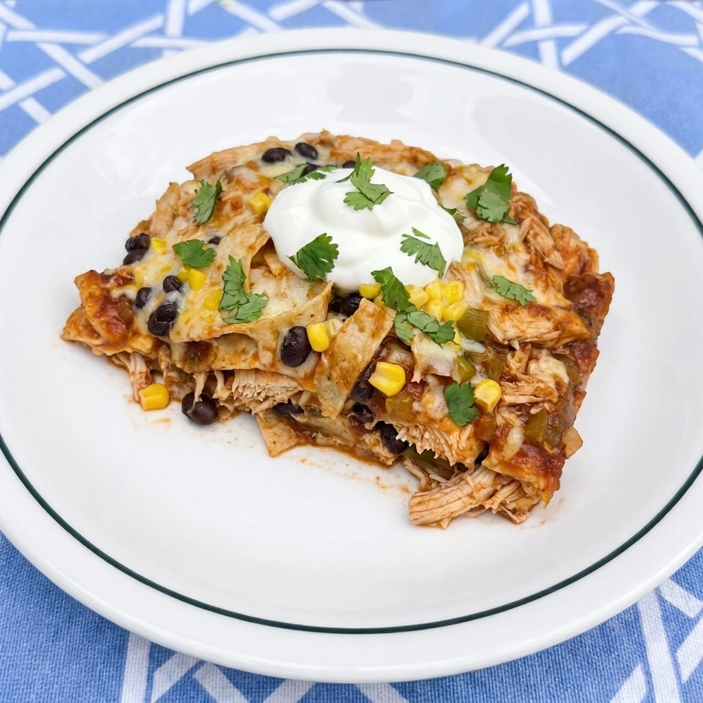 Single serving of Crockpot Chicken Enchilada Casserole with sour cream