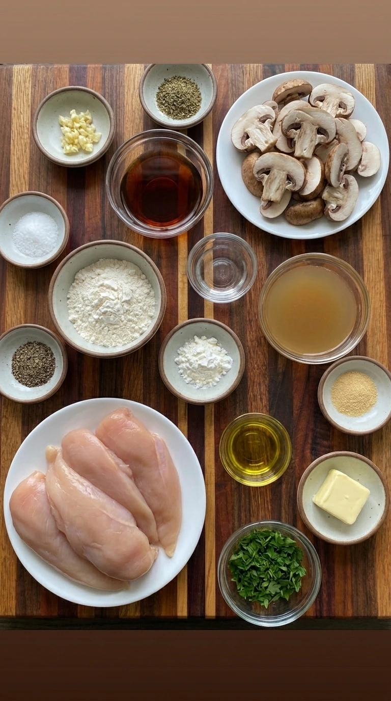 Ingredients for Crockpot Chicken Marsala arranged in separate small containers