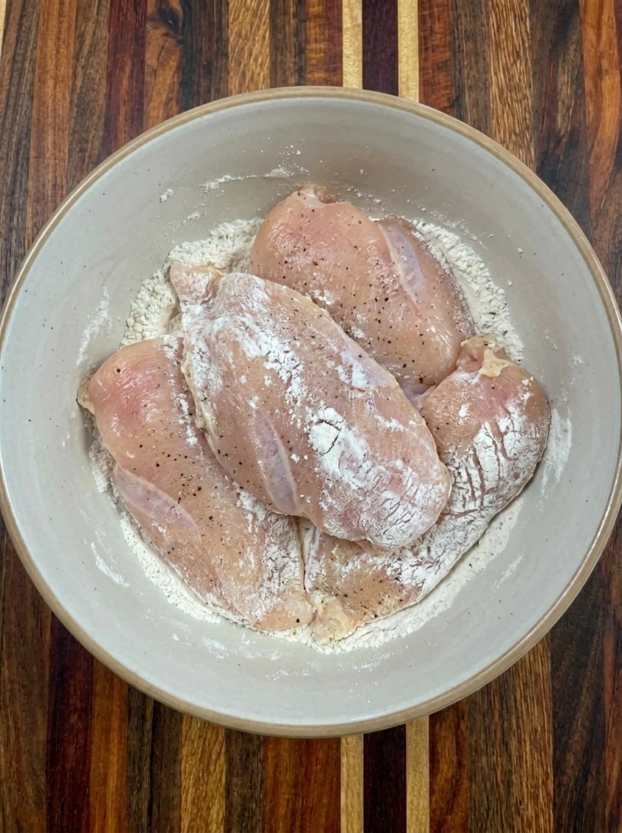 Crockpot Chicken Marsala step 1 showing coat the chicken with seasoned flour