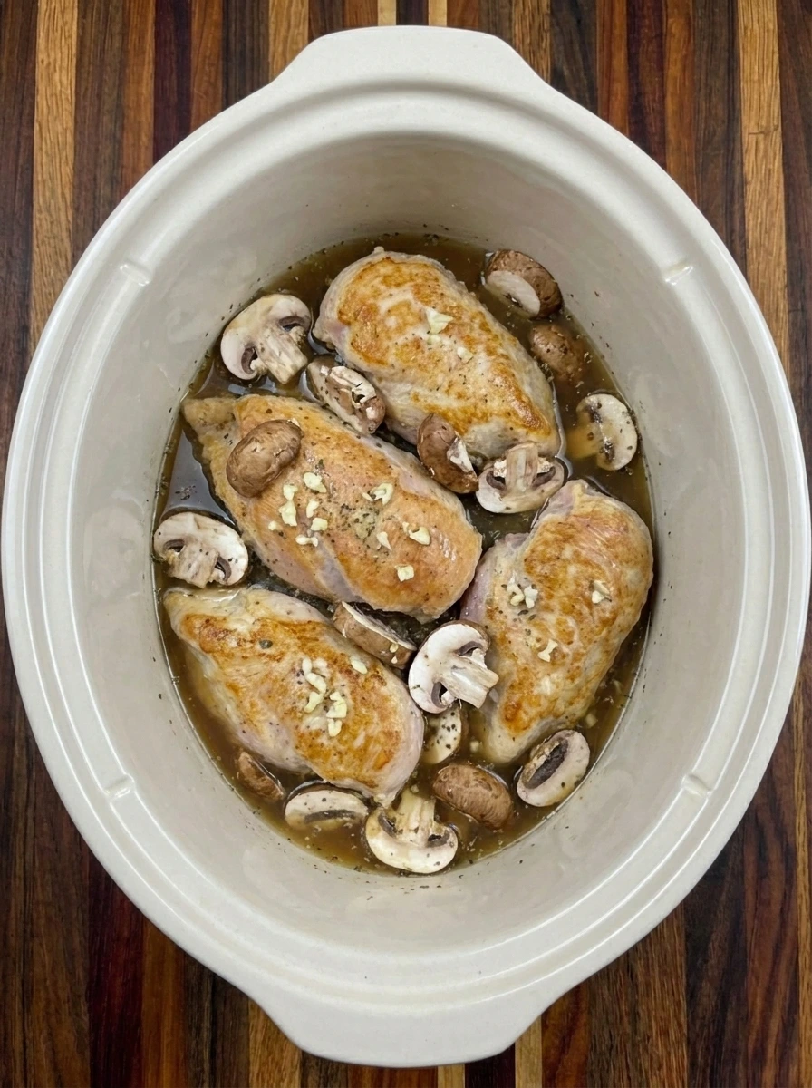 Crockpot Chicken Marsala step 3 showing layer the chicken with mushrooms and sauce