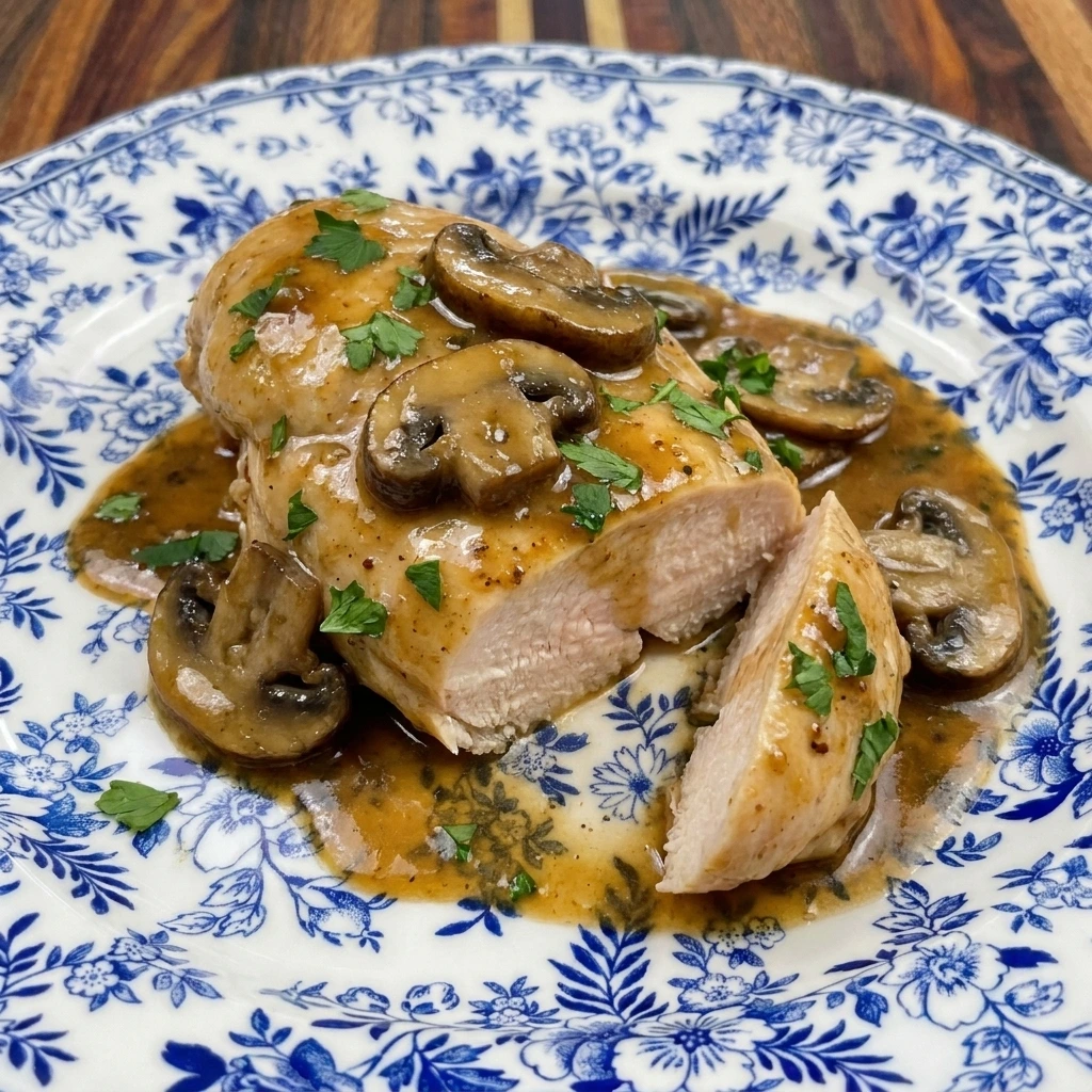 Crockpot Chicken Marsala step 6 showing plate one chicken breast with mushroom sauce
