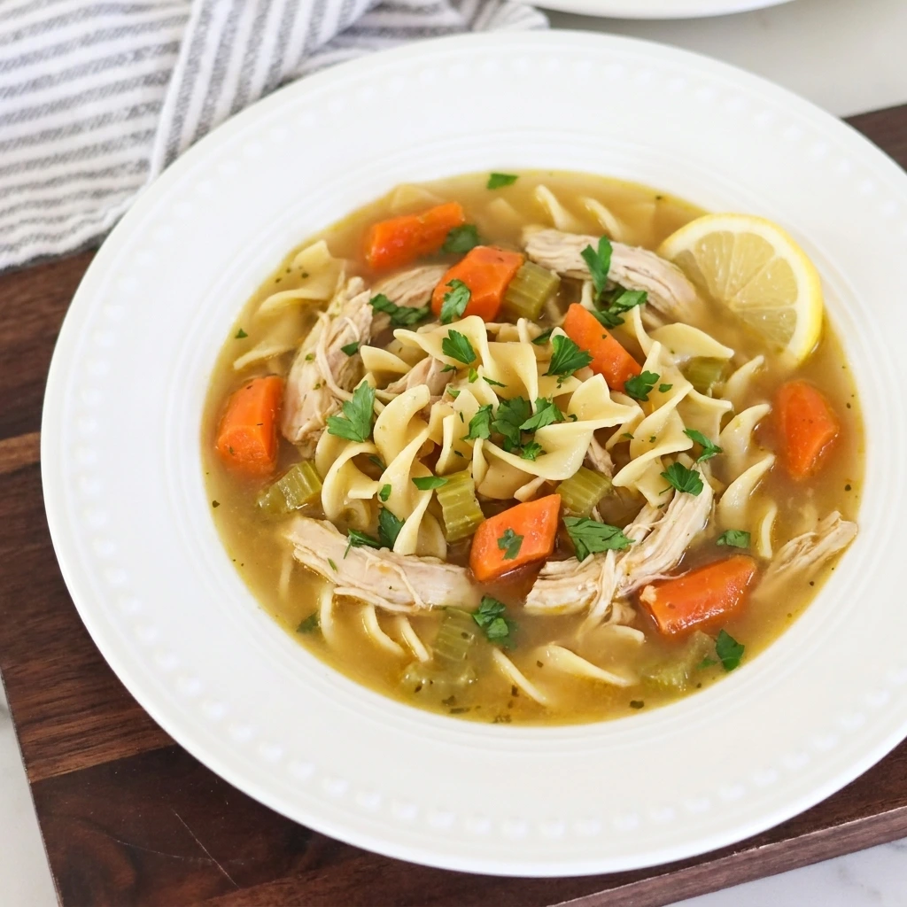 Homemade Crockpot Chicken Noodle Soup with shredded chicken and vegetables