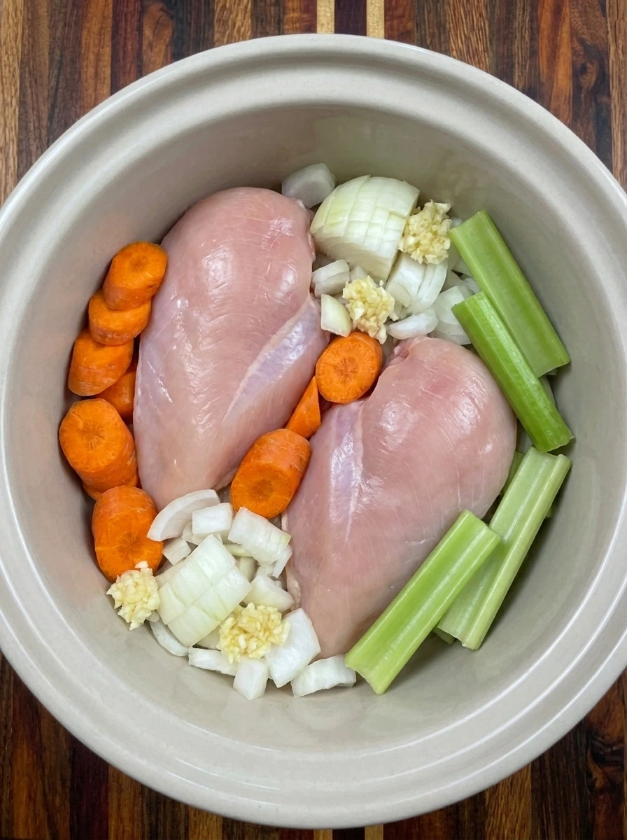 Raw chicken and sliced vegetables arranged for Crockpot Chicken Noodle Soup