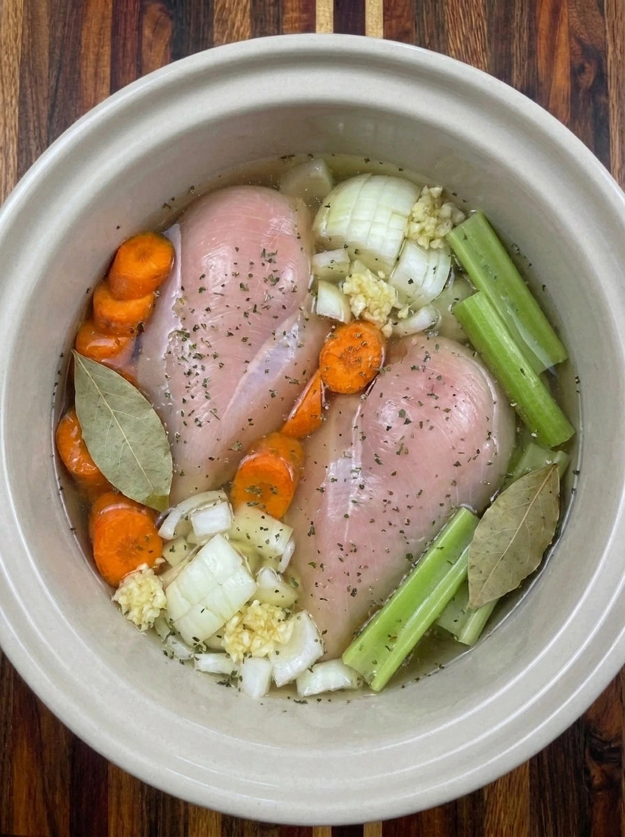 Seasoned broth poured over chicken and vegetables in a crockpot