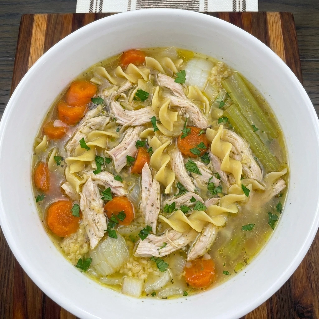 Single bowl of finished Crockpot Chicken Noodle Soup