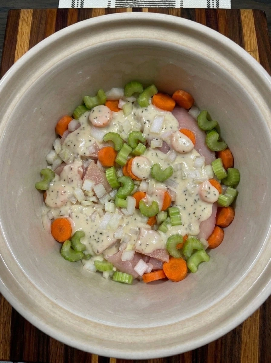 Creamy seasoned sauce poured over chicken and vegetables