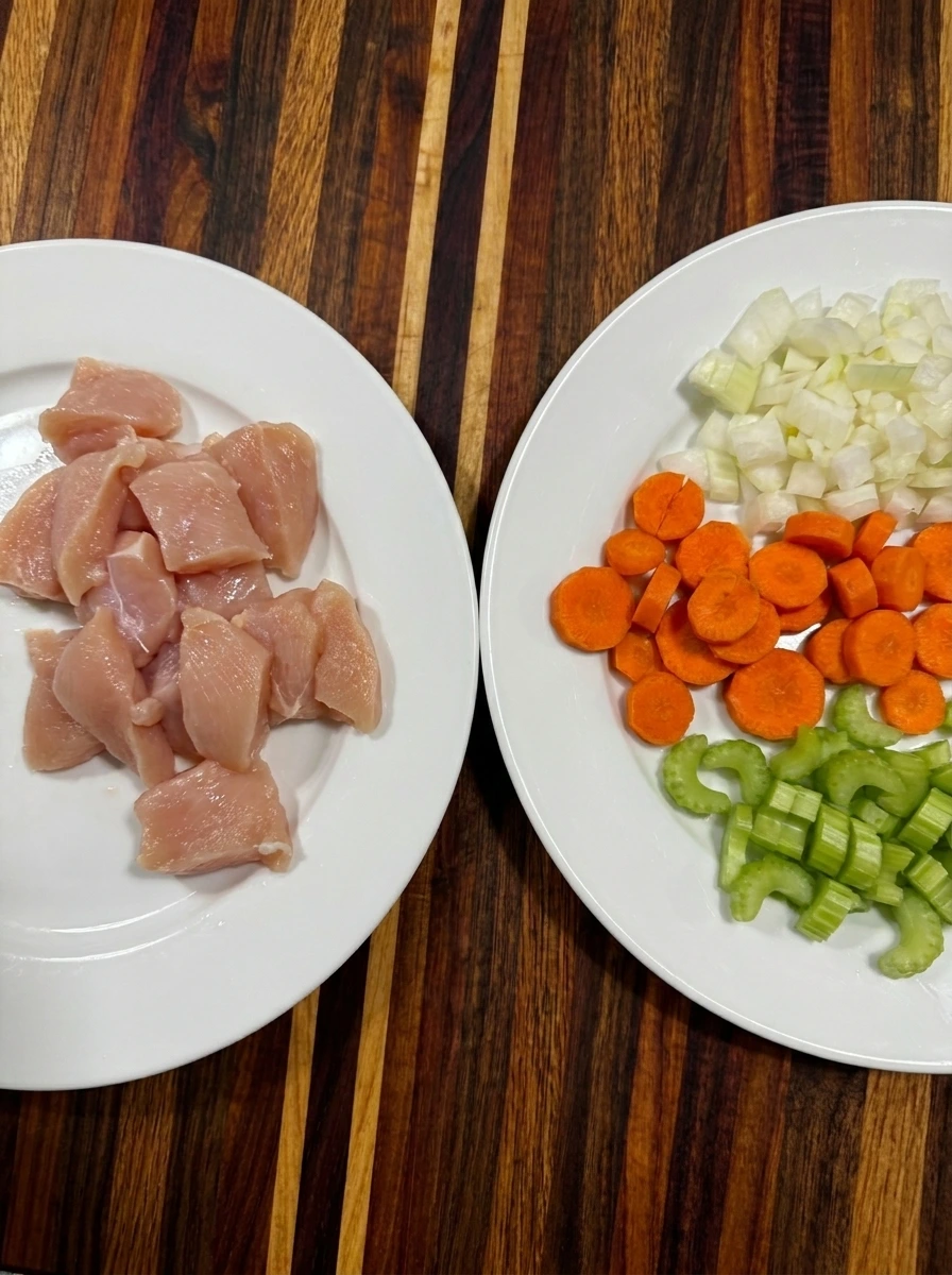 Chicken and vegetables cut for Crockpot Chicken Pot Pie