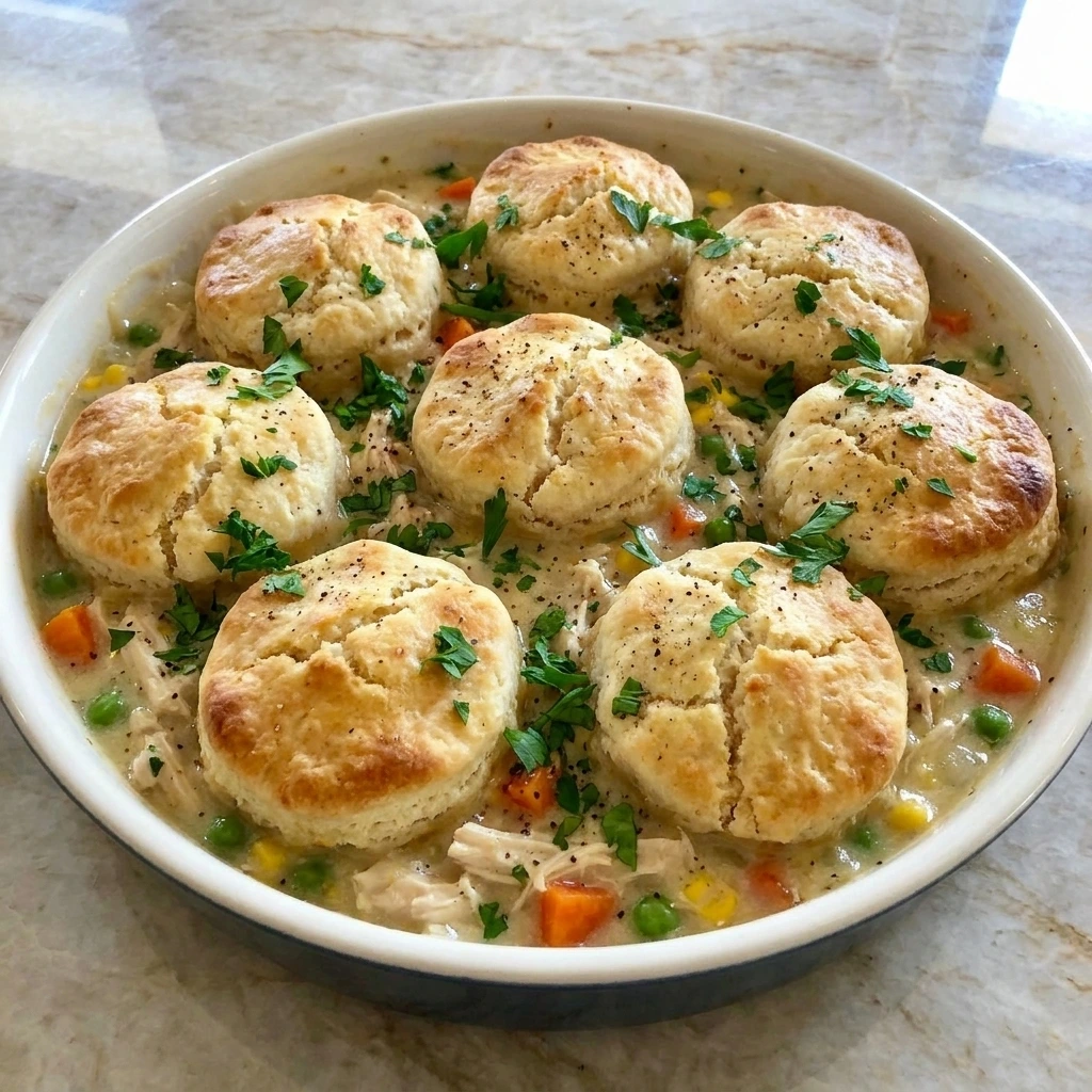 Crockpot Chicken Pot Pie with creamy chicken filling and golden biscuits