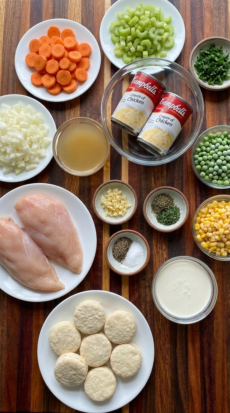Ingredients for Crockpot Chicken Pot Pie arranged in separate containers