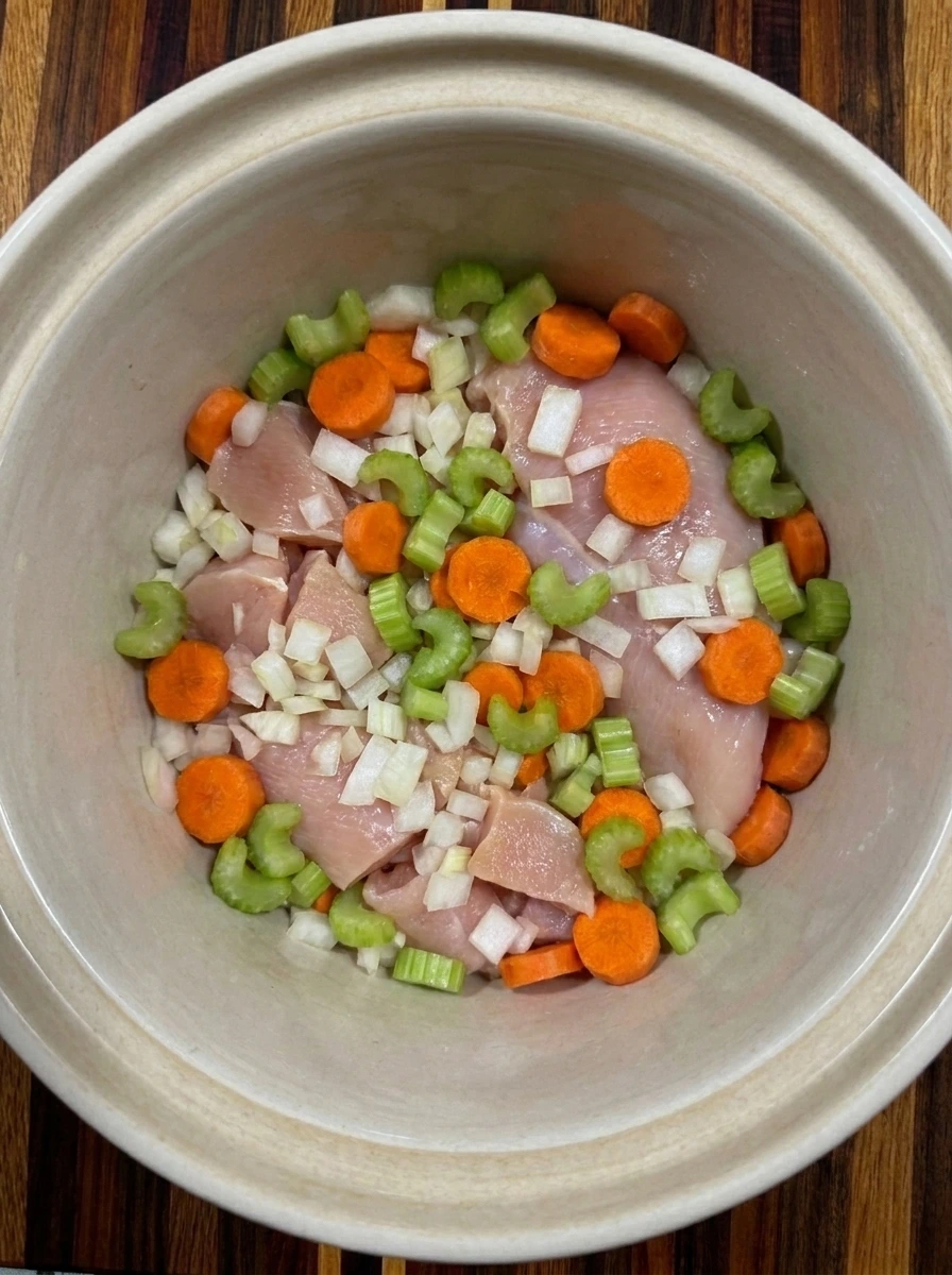 Chicken and fresh vegetables layered in a slow cooker