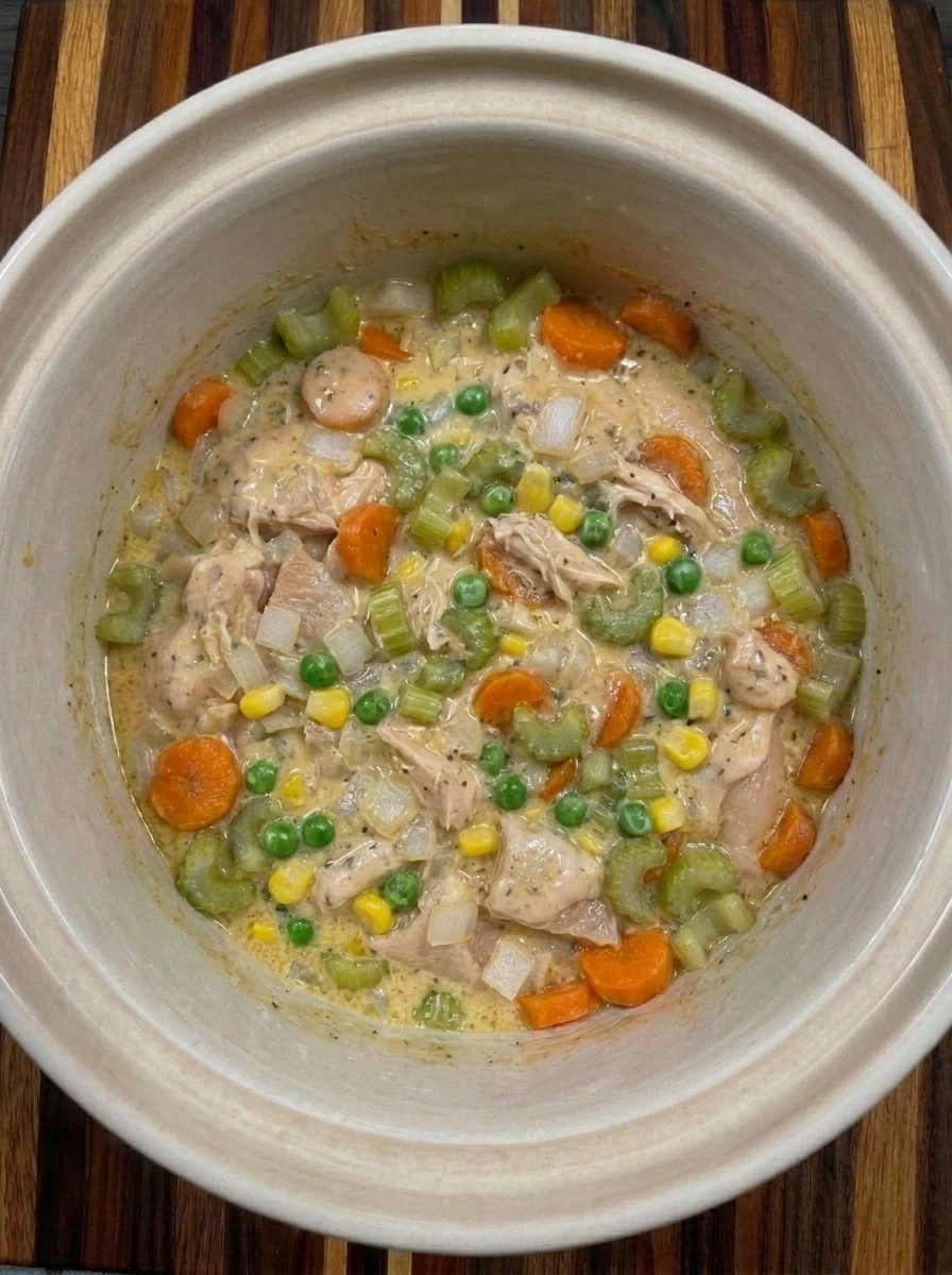 Peas and corn folded into creamy chicken pot pie filling