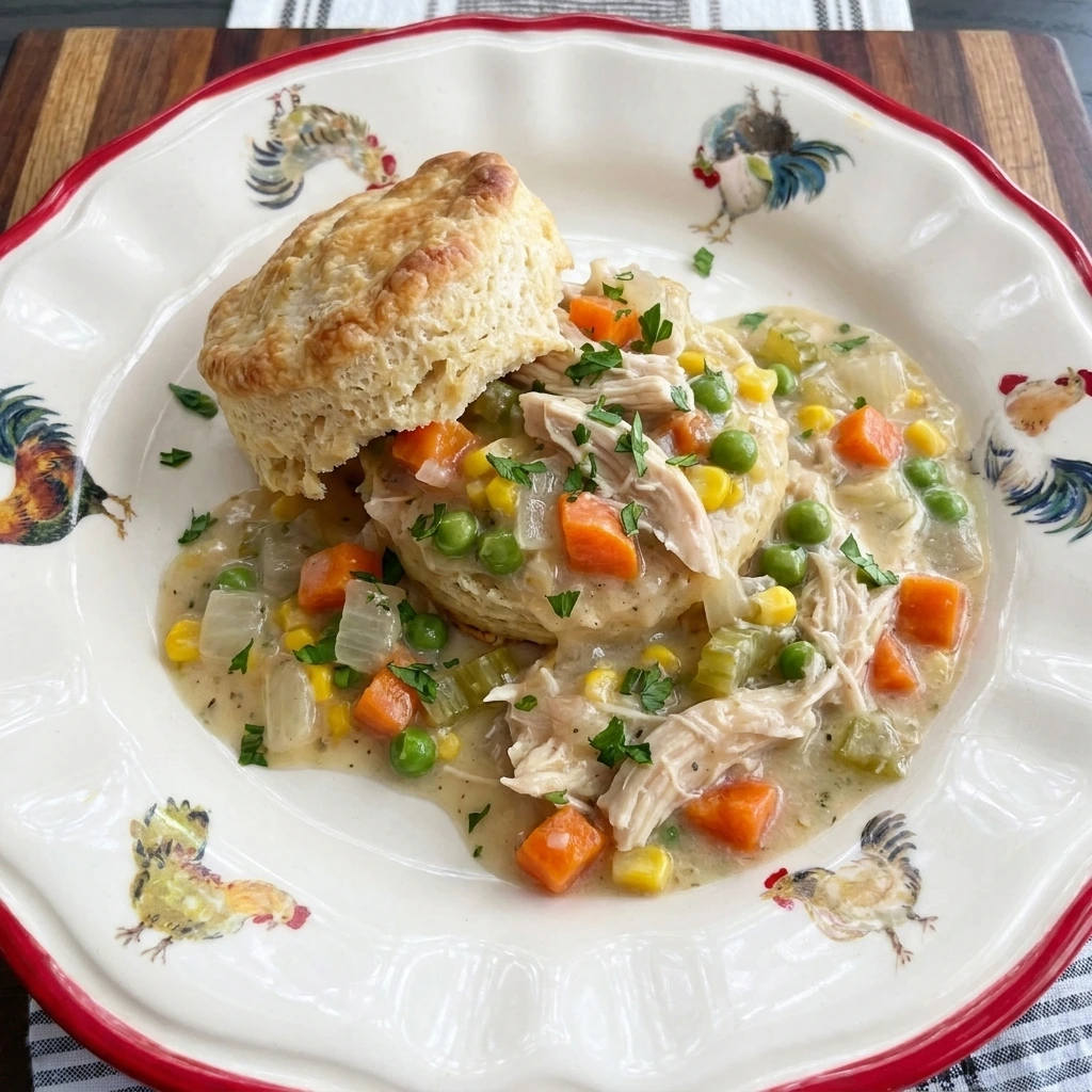 Single serving of Crockpot Chicken Pot Pie with a split biscuit