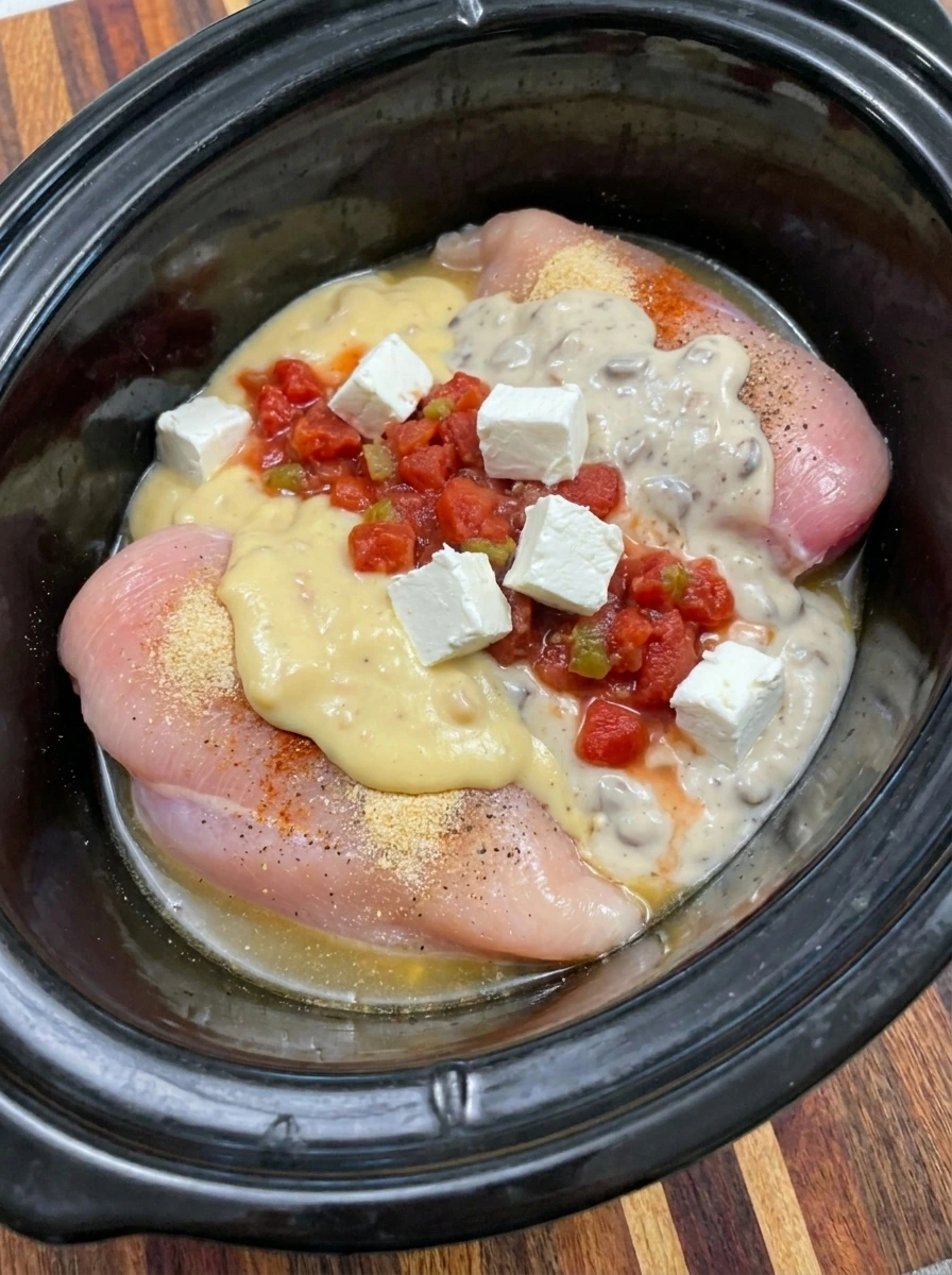 Two chicken breasts covered with creamy tomato mixture in a slow cooker