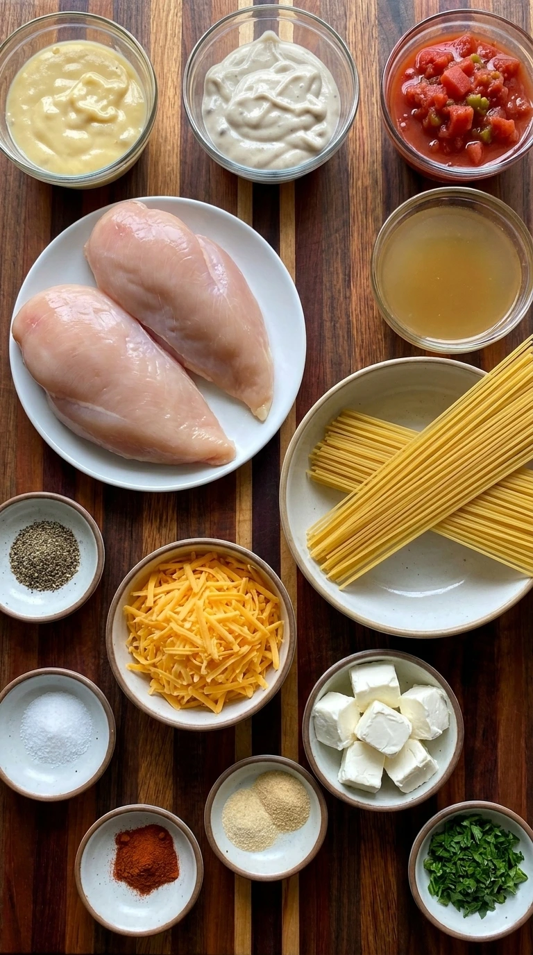 Ingredients for Crockpot Chicken Spaghetti arranged in separate bowls