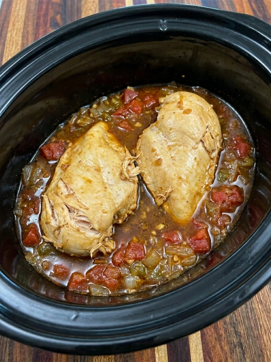 Tender cooked chicken breasts in tomato taco sauce