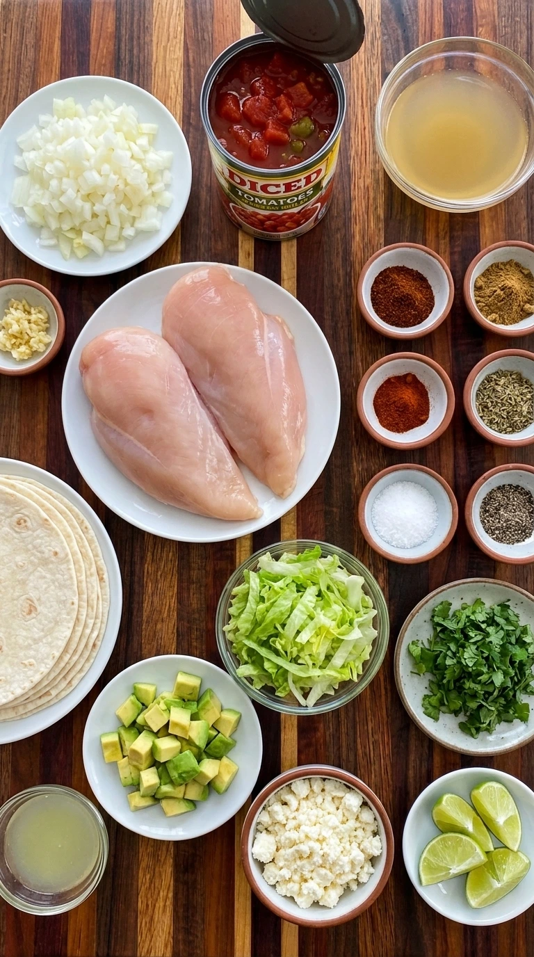 Ingredients for Crockpot Chicken Tacos arranged in separate small containers