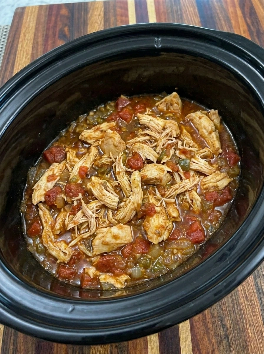 Shredded chicken folded into thick tomato taco sauce