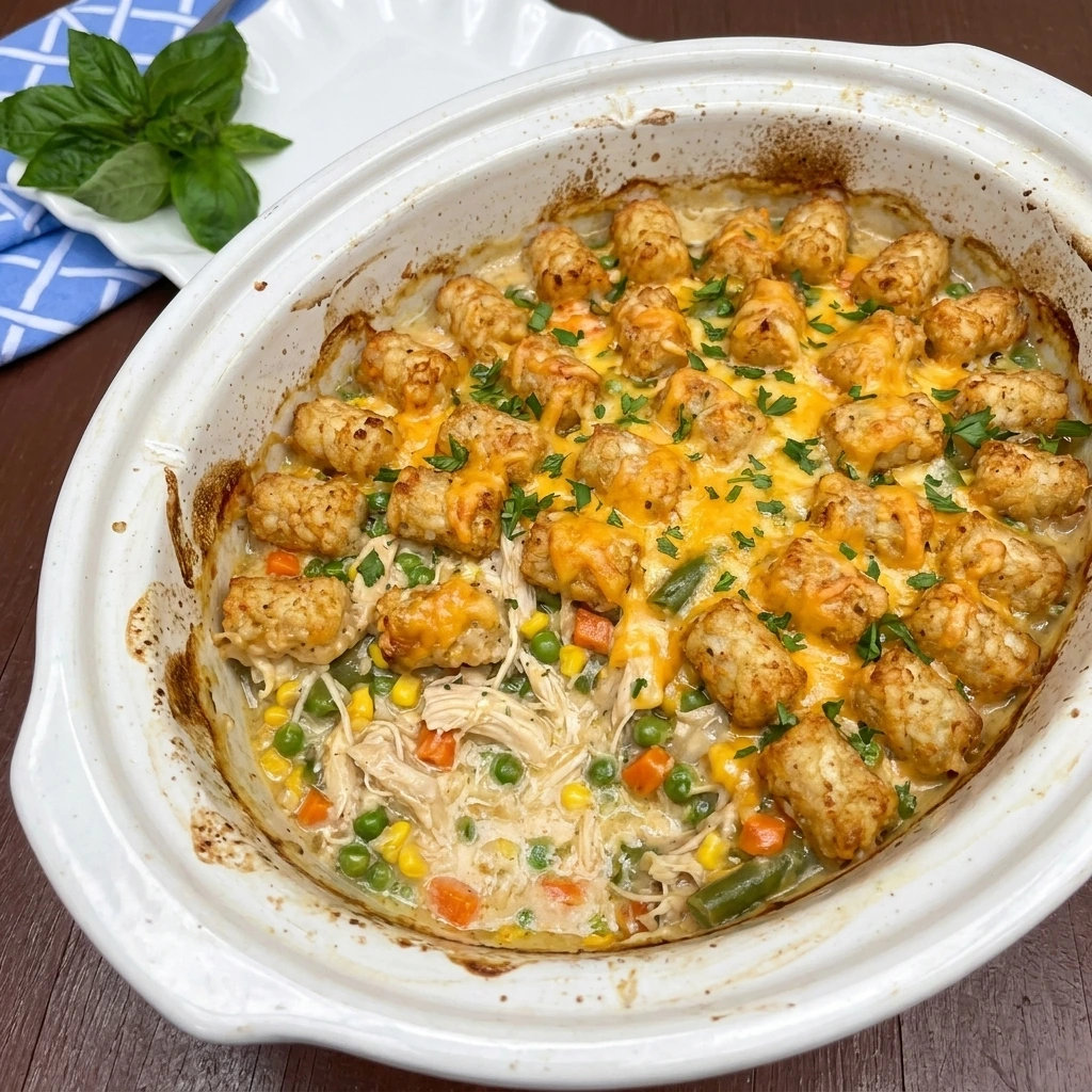 Finished CrockPot Chicken Tater Tot Casserole with golden tater tots and melted cheddar