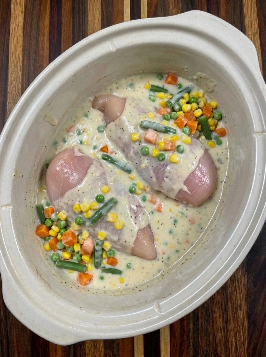 Chicken breasts layered with creamy vegetables in a slow cooker