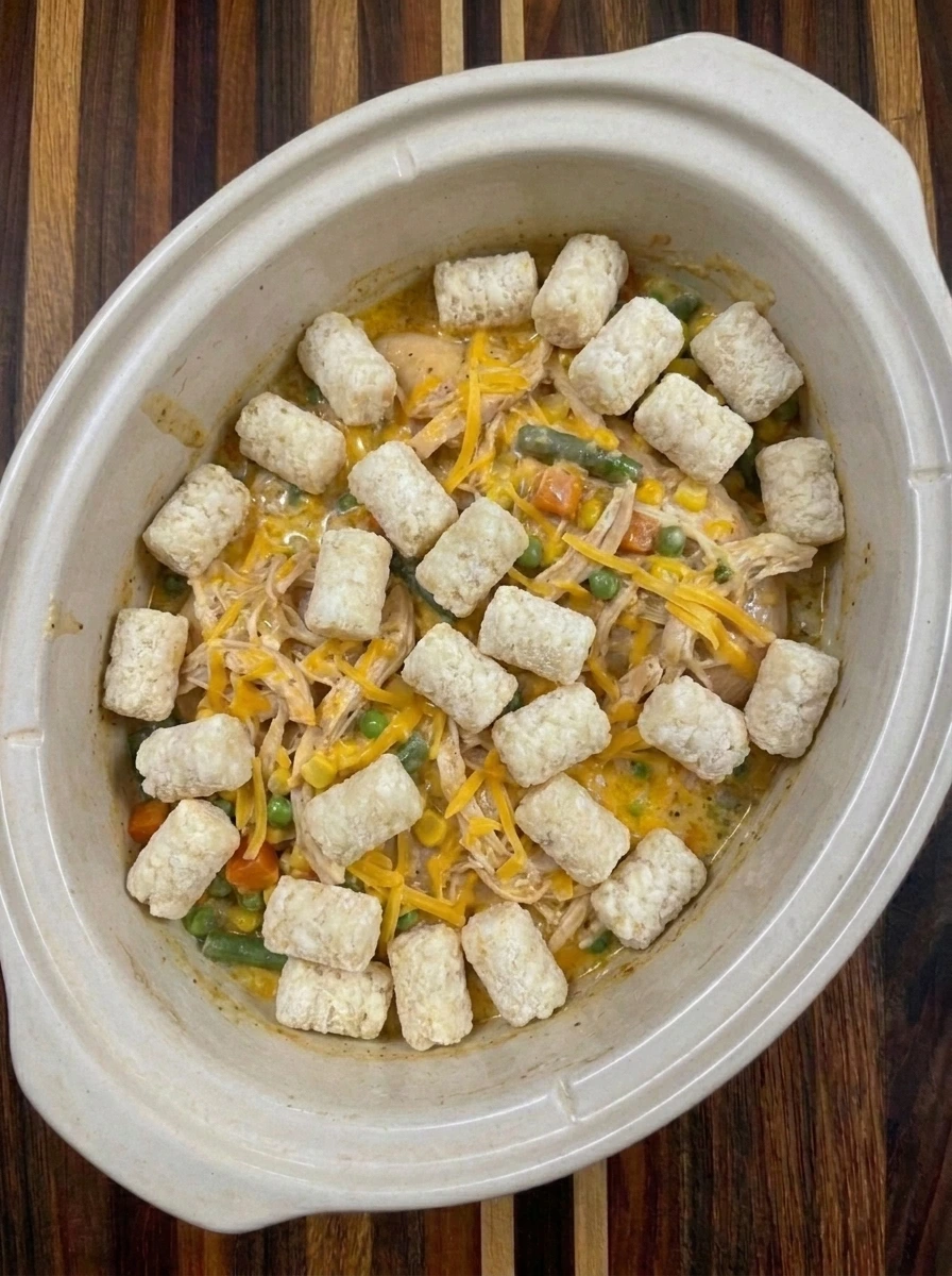 Cheddar and frozen tater tots layered over creamy chicken filling