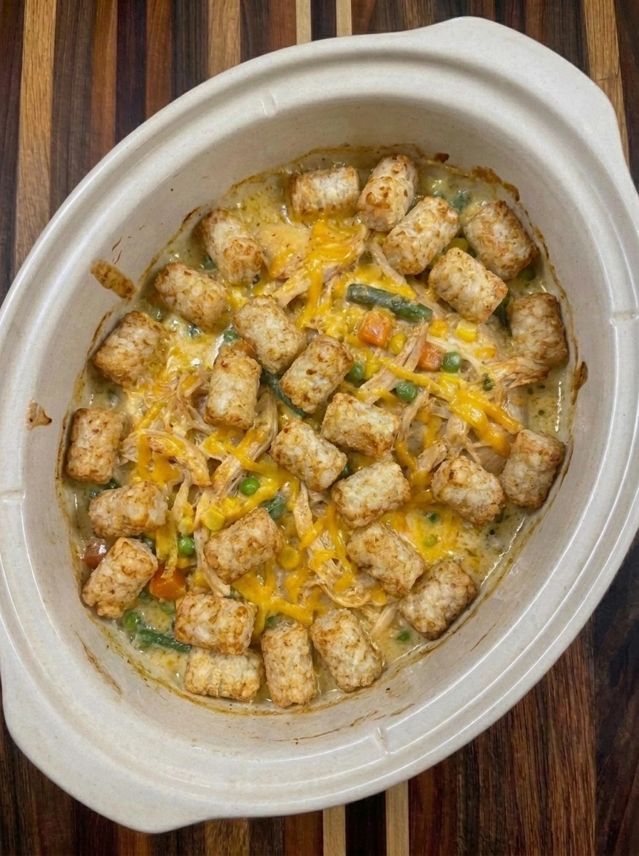 Golden tater tots with melted cheddar over cooked chicken casserole