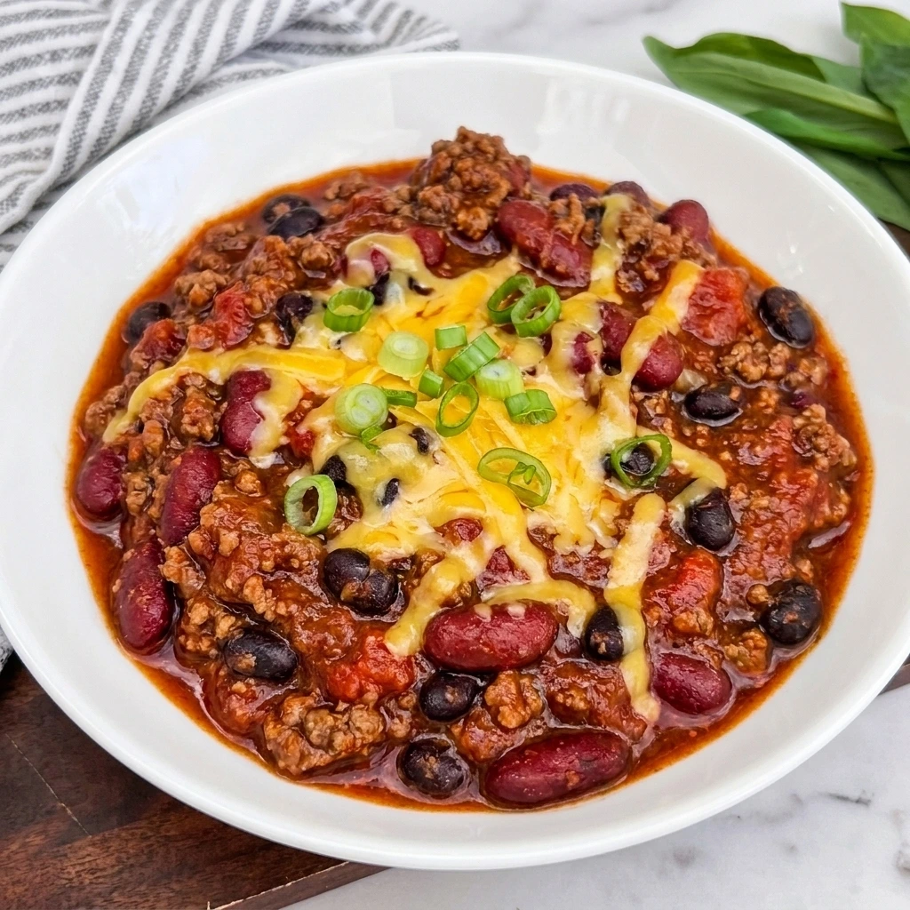 Crockpot Chili with beef beans cheddar and green onions