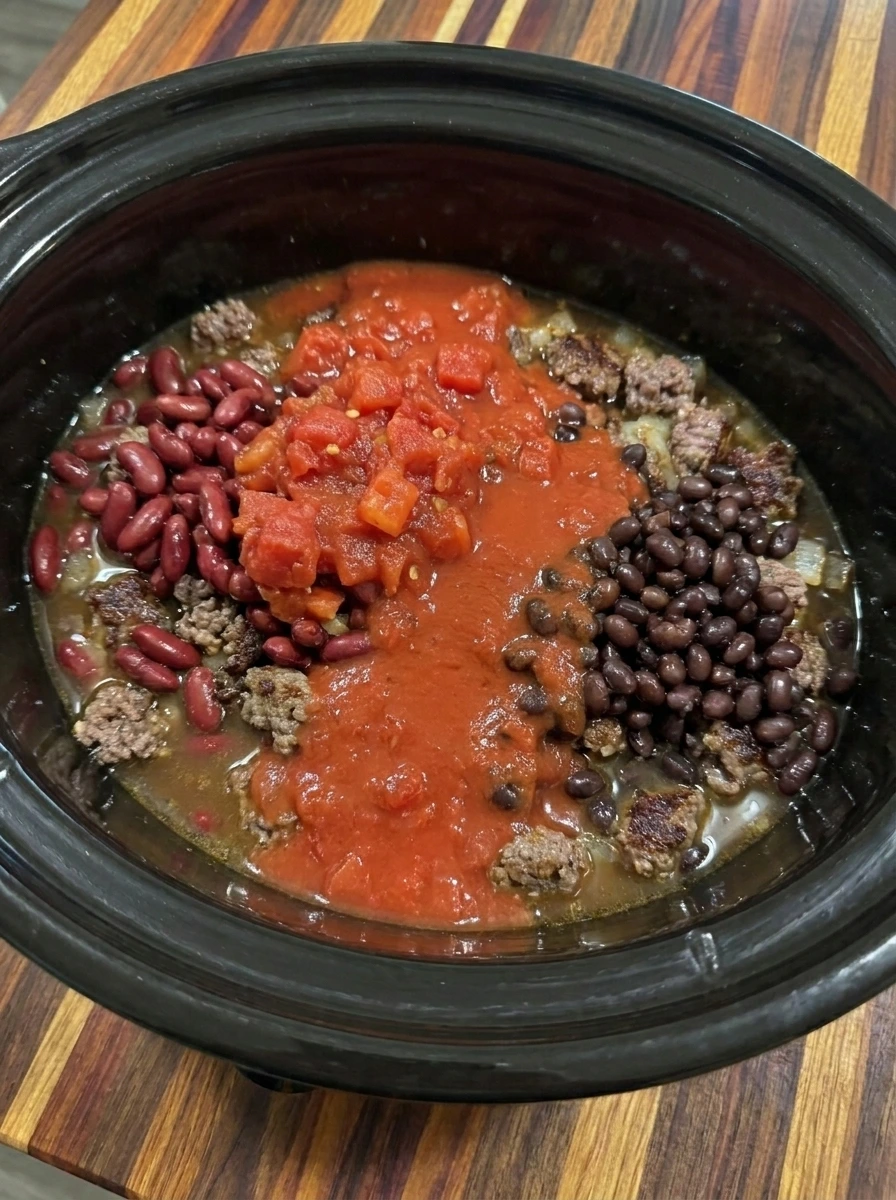 Beef beans tomatoes and broth combined for Crockpot Chili