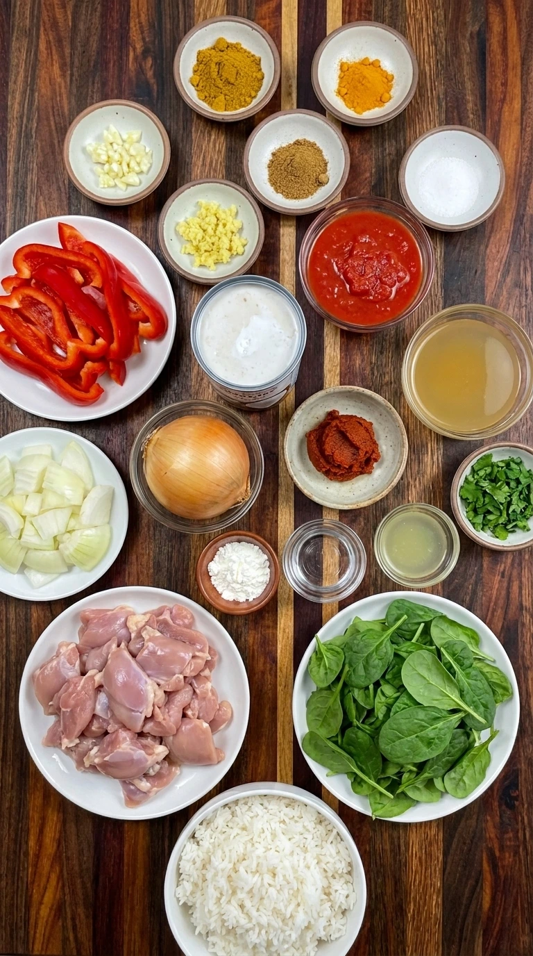 Ingredients for Crockpot Coconut Chicken Curry arranged in separate small containers
