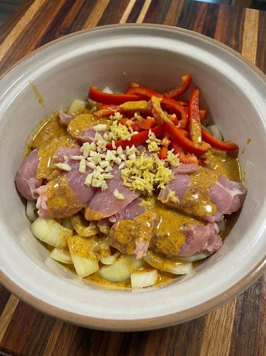 Chicken and vegetables layered with coconut curry sauce in a slow cooker
