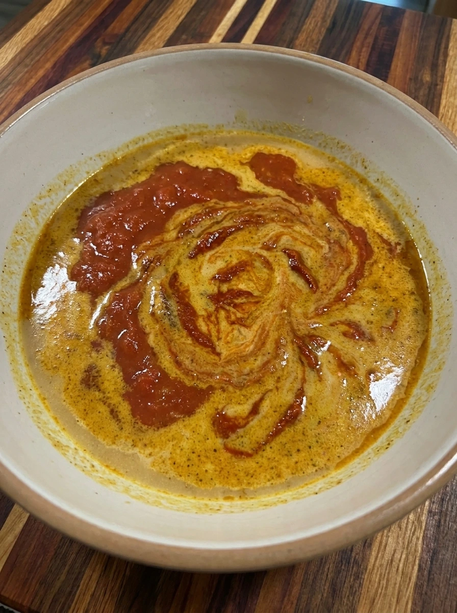 Golden coconut curry sauce mixed with tomatoes and spices